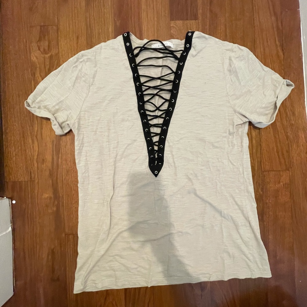 Tan Oversized Tee- lace up front